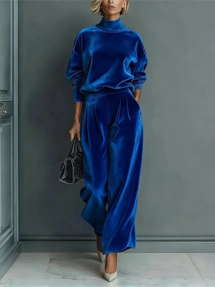 Autumn Winter Fashion High Collar Gold Velvet Long Sleeve Women's Suit Casual Sports Wide Leg Trousers Female Office 2 Piece Set
