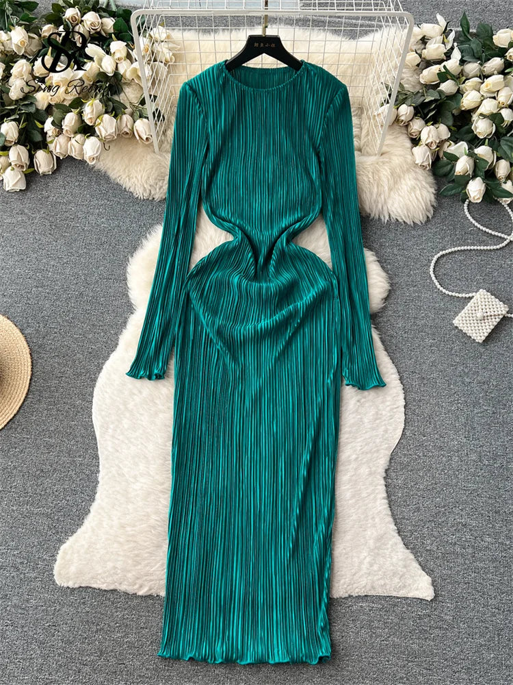 SINGREINY Solid Pleated Long Dress O Neck Full Flare Sleeves HIgh Elastic Female Skinny Fashion Autumn Retro Bodycon Party Dress