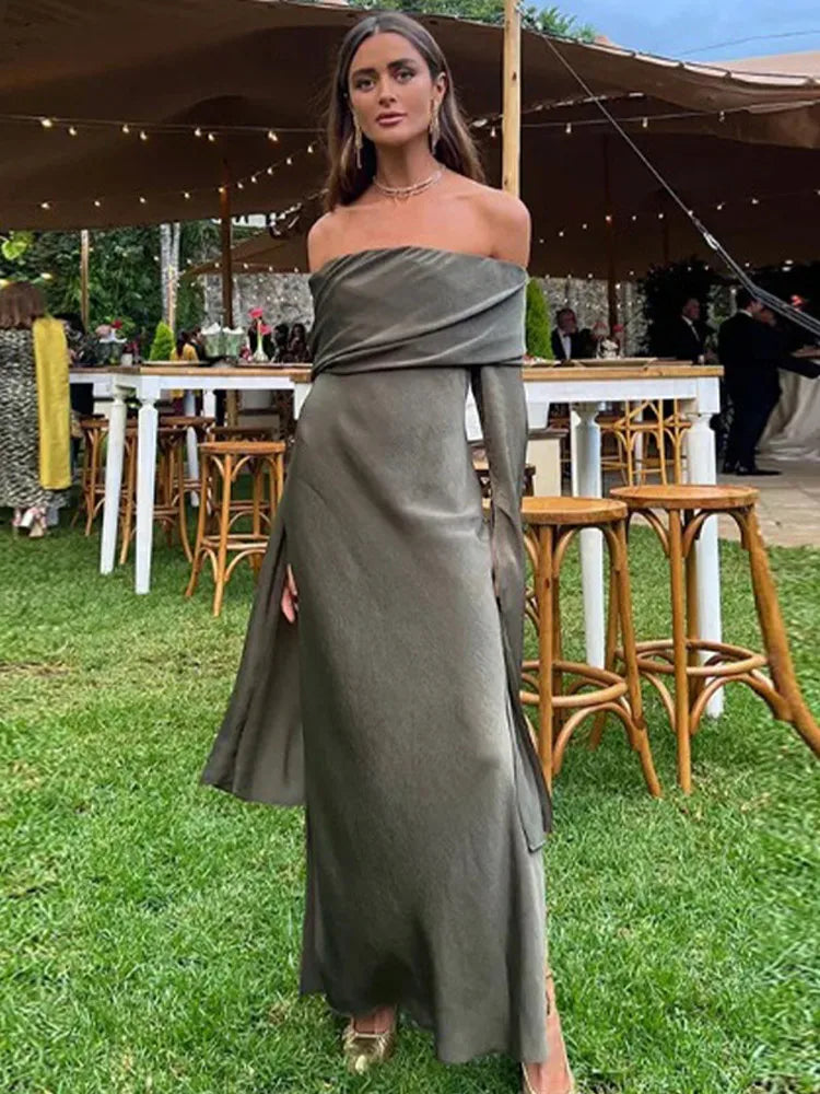 Elegant Pleats Dress For Women Fashion O-neck Long Sleeve Dresses Female 2024 Sping Summer Rose Red Maxi Ladies Vestidos