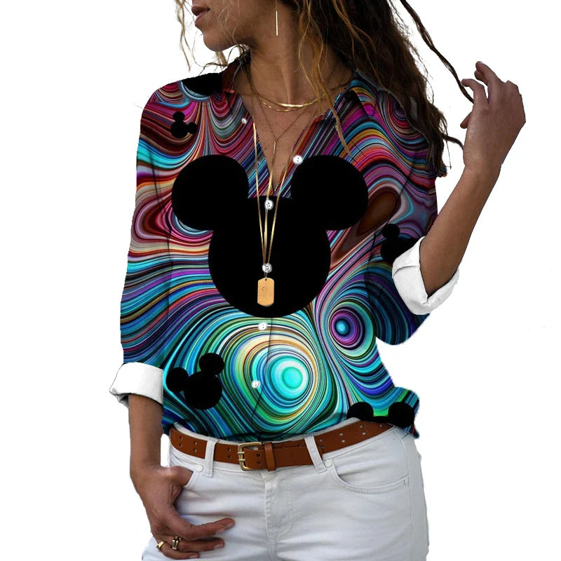 New 2024 Disney Harajuku Slim Fit 3D Print Women's Button Up Long Sleeve Lapel Mickey Minnie Casual Cute Shirt y2k