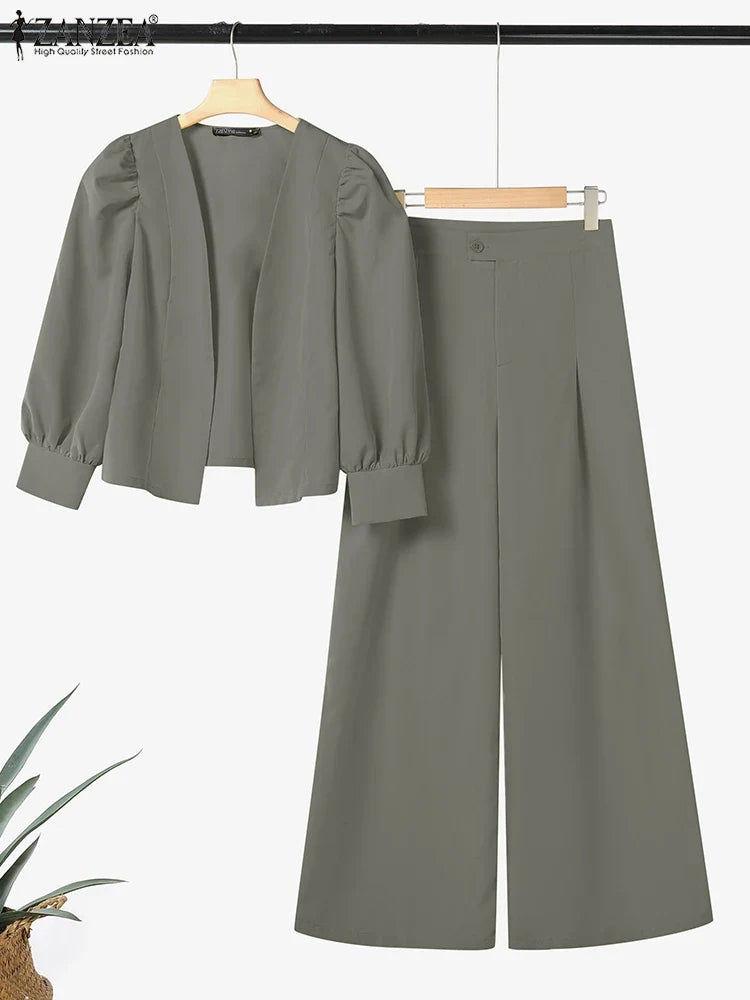 ZANZEA Elegant 2pcs Women Pant Sets Long Sleeve Cardigan Suit and High Waist Wide Leg Pants 2025 Fashion Solid Two-piece Outfits