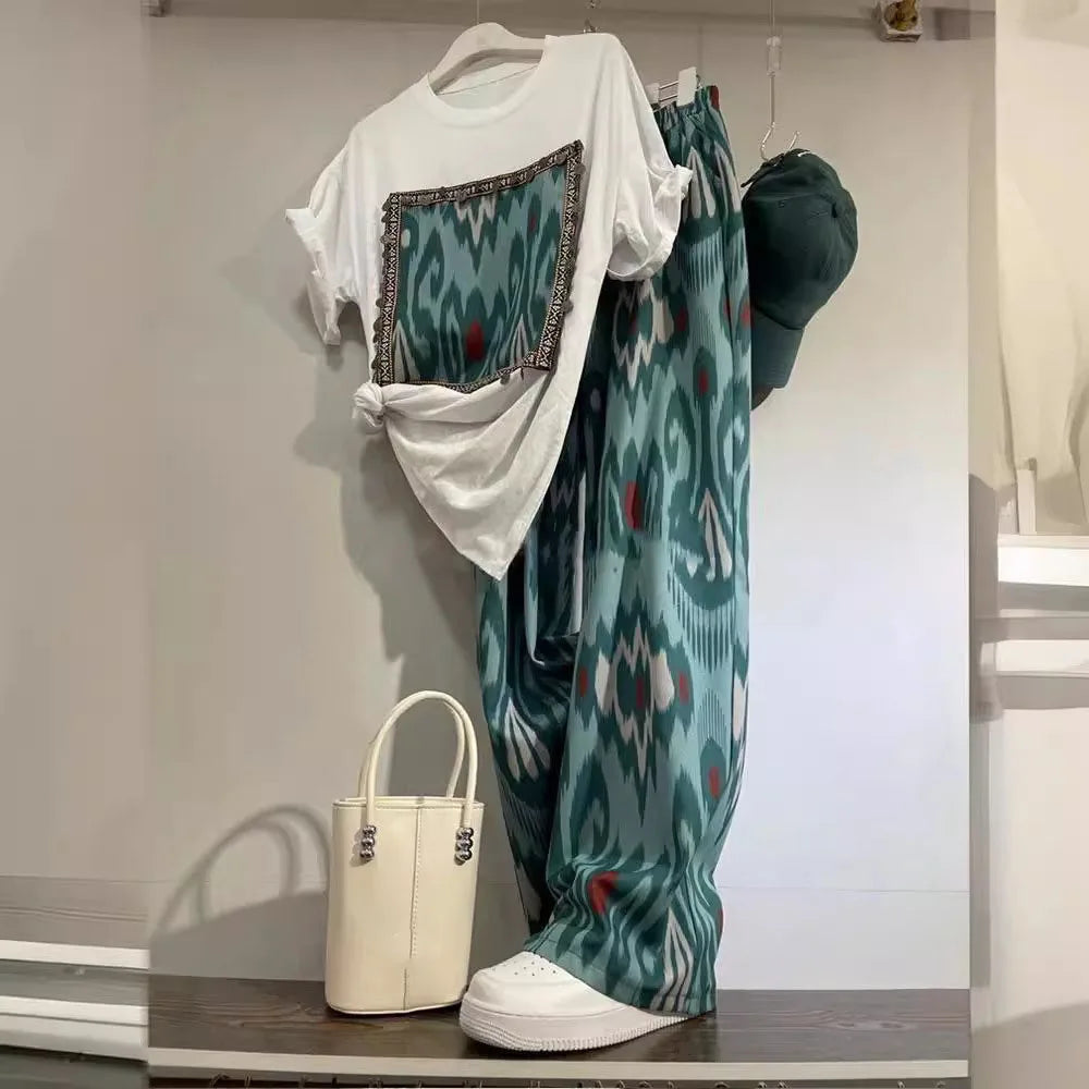 Fashion 2piece Set Women's Summer Thin O-neck Short Curled Sleeves Printed Patchwork T-shirt+Elastic Loose Wide Leg Pants