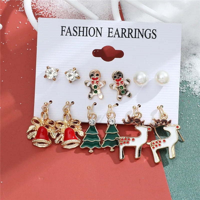 6 pairs Christmas Stud Earrings Xmas Tree Brown Elk Snowman Santa Claus Cute Christmas Earrings Christmas Gifts For Women Girls