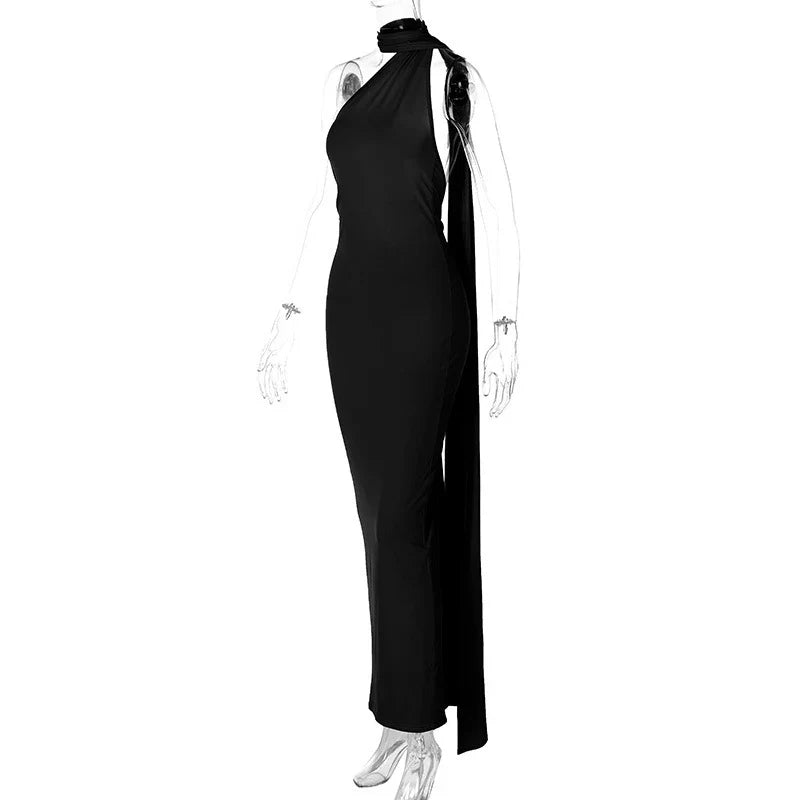 Hugcitar One Shoulder Backless Adjustable Scarf Loop Ruched Sexy Maxi Dress 2025 Women Elegant Y2K Streetwear Festival Outfit