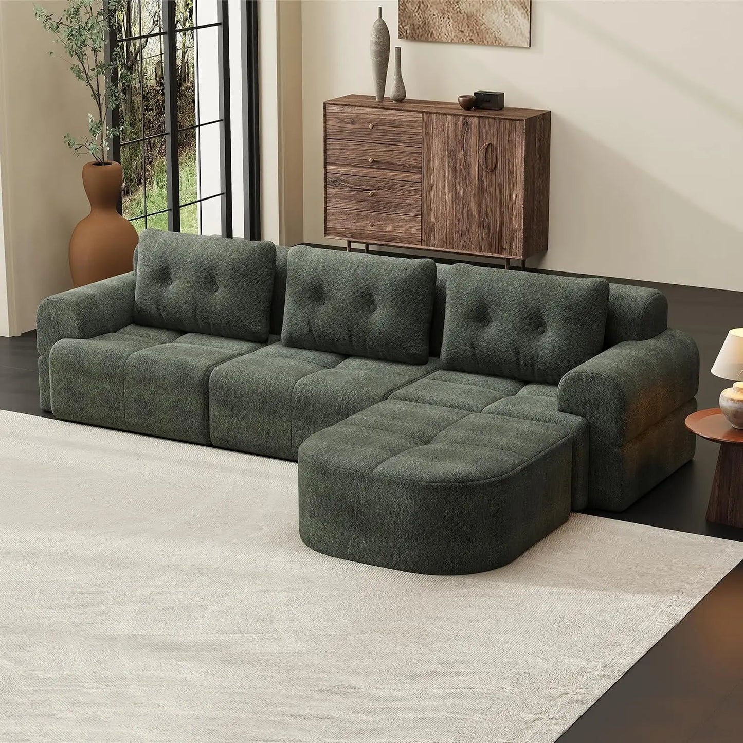 110" Boneless Chenille Cloud Sofa with Chaise, 4 Seater L-Shaped Modular Sectional for Living Room, Beige-White, Customized