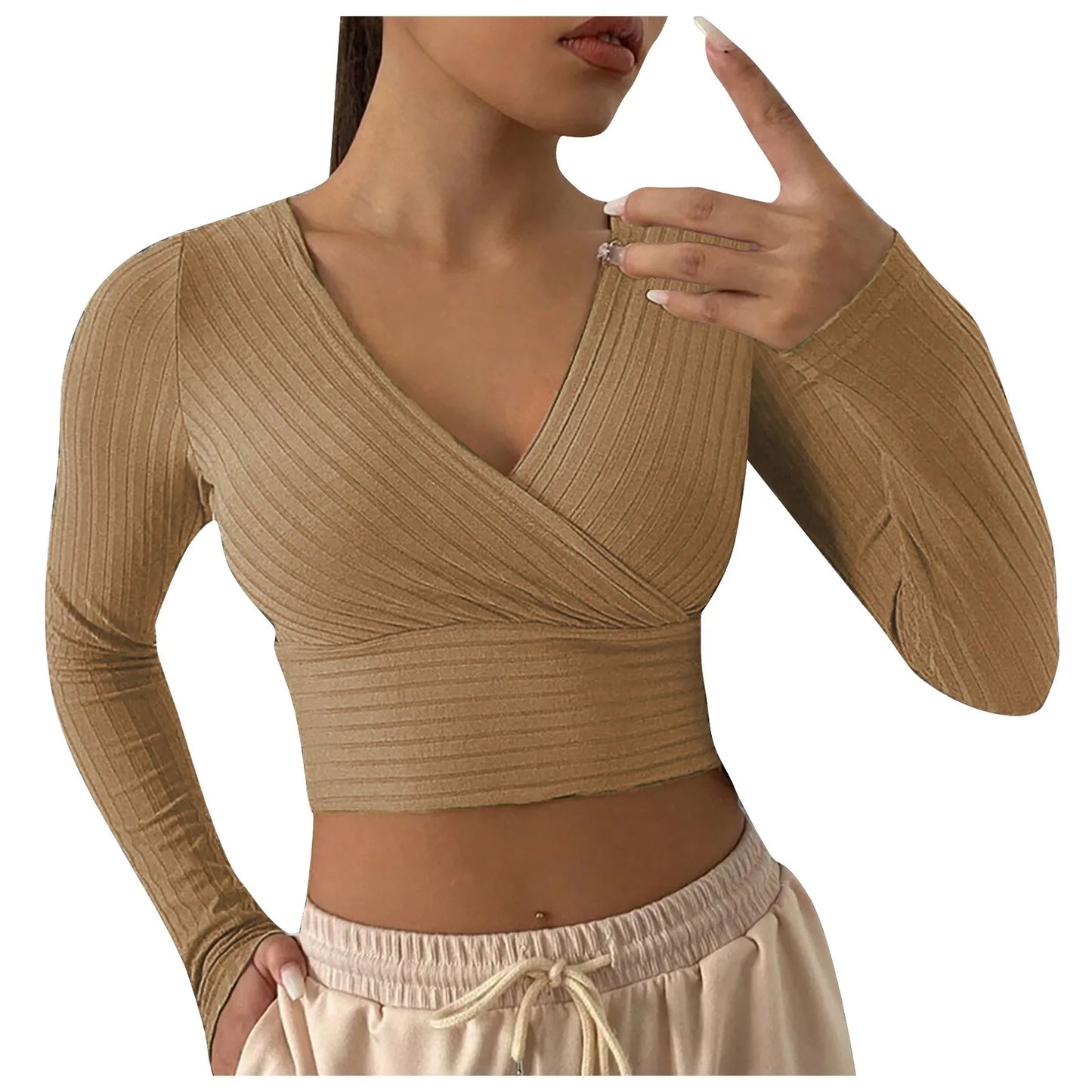 Sexy Cross Wrap V Neck Ribbed Knit T Shirt Women's Crop Tops Sexy Slim Fit Solid Spring Fall Long Sleeve Y2k Clothes Pink Tops