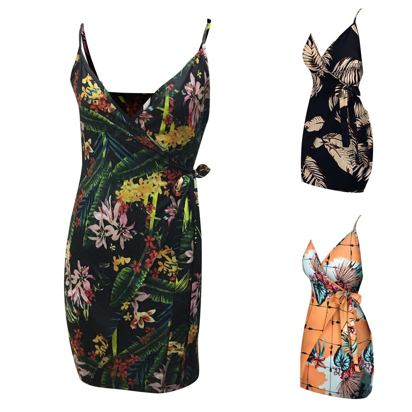 2023 New Sexy Suspender Dress Women Fashion Floral Printing Sleeveless V Neck Robe Summer Boho Tie Waist Dress Formal Dresses