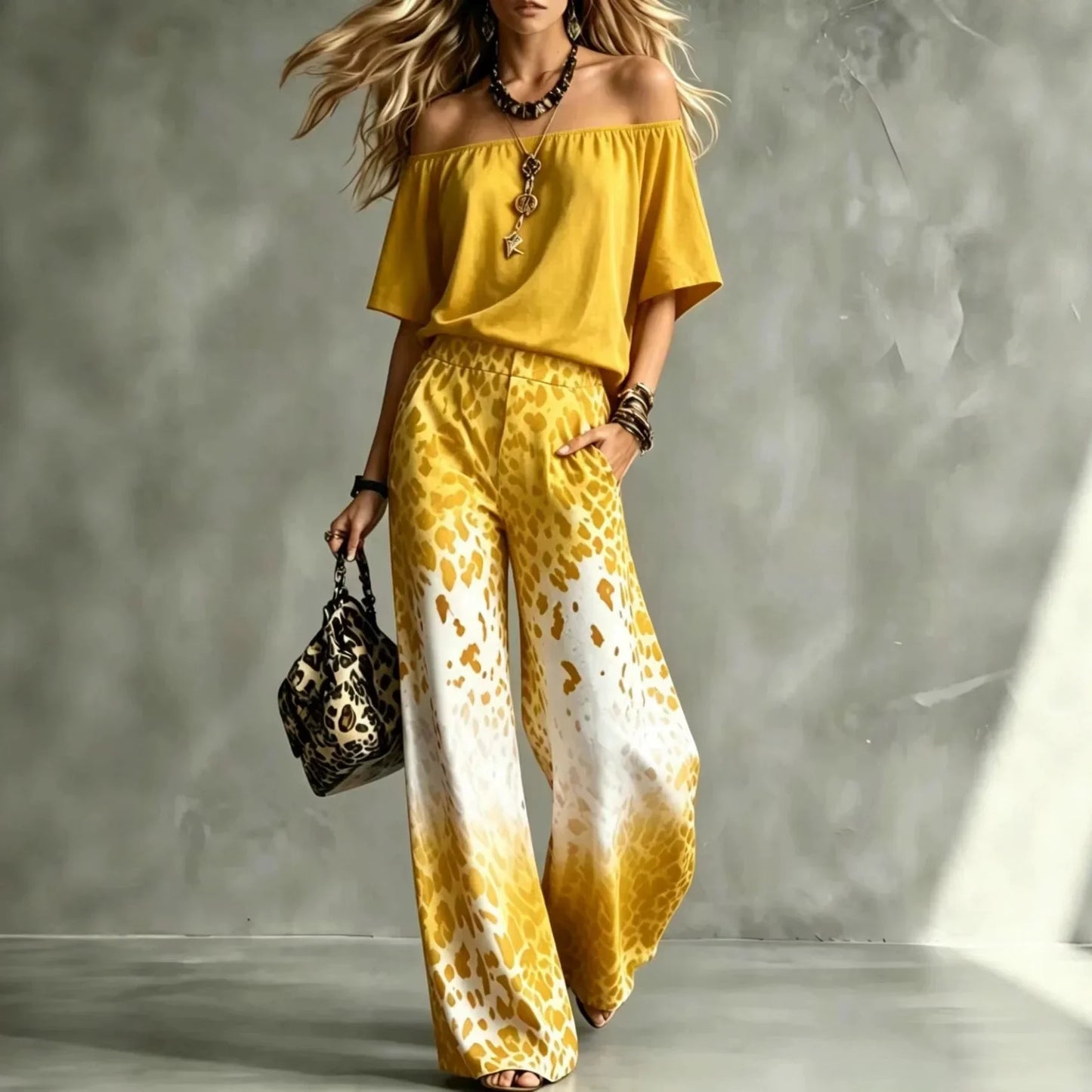 Summer Women Off Shoulder Short Sleeve Top Gradient Leopard Print Wide Leg Pants Two Piece Boho Casual Fashion Matching Suit New