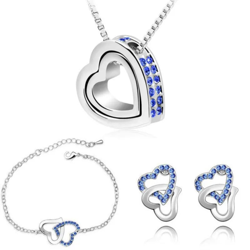 Double Heart pendant necklace earrings bracelets fashion Jewelry sets charm lover quality AAAA+ rhinestones wedding girl summer