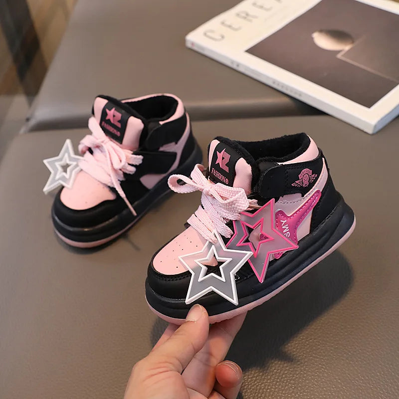 Children's Sneakers Autumn Winter Boys Girls Velet Lined Warm Sport Shoes Cute Star Shoes Toddler Non-slip Walking Footwear