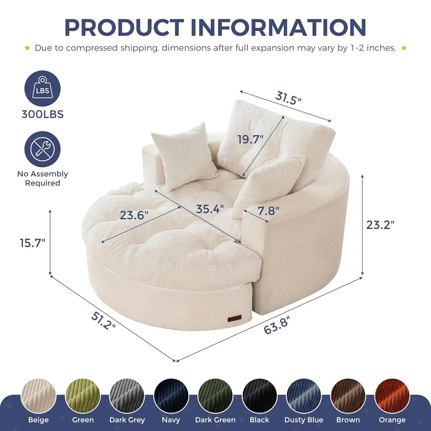 Oversized Round Chaise Lounge Sofa, Boneless Chair with Ottoman | Beige Upholstered Reading Chair Has a Deep Seat and 3, Custom