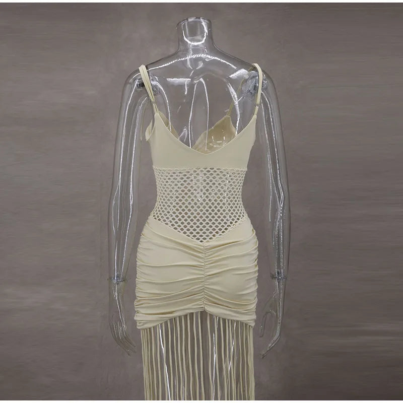 Hollow Out See-through Long Dress Women Holiday Tassels High Waist Sleeveless Strap Dresses Female Backless Evening Club  Robe