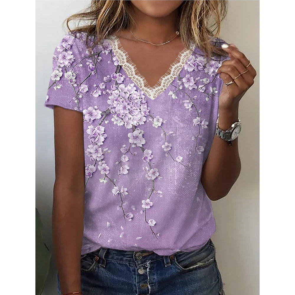 2024 Women'S T-Shirt V-Neck Lace Short-Sleeved Street Fashion Clothing Flower Print Trend Top Loose Women'S V-Neck T-Shirt Top