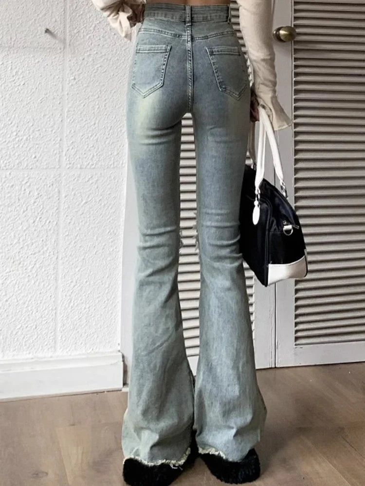 2024 Woman Korean High Waist Narrow Jeans Lady High Street Slim Fit Denim Flare Pants Female Blue Fashion Bell Bottom Trousers