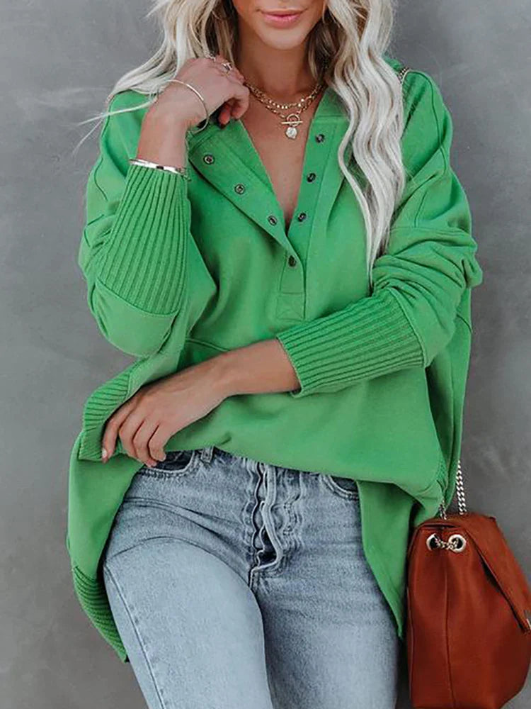 Women's Patchwork Pullover Tops Pockets Button V Neck Solid Hoodies Long Sleeve emale Casual Sweatshirts Fashion Ladies Clothes