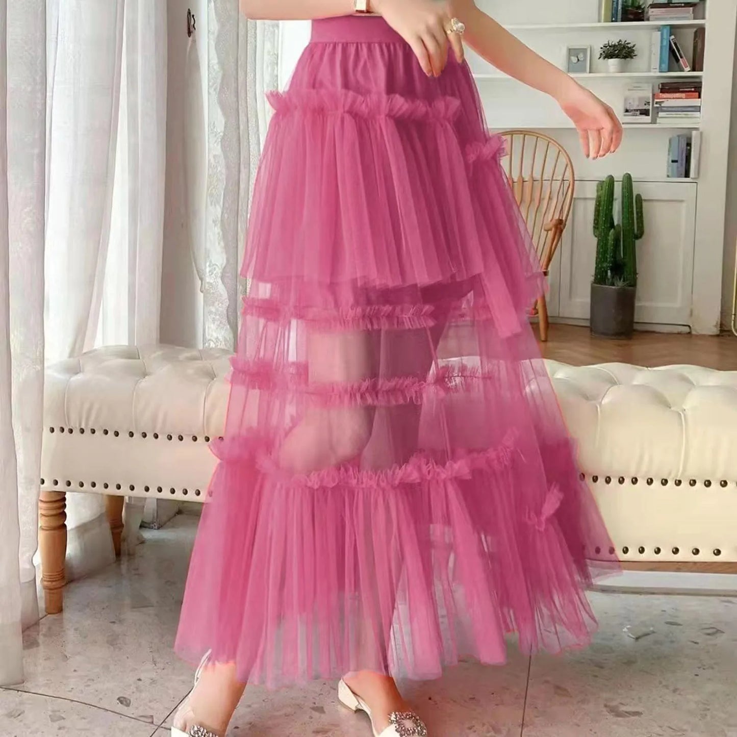 Skirts For Party 2024 Women's Long Summer Tulle Skirt Elegant High Waist Cocktail Party Wedding Flared Hem Dance Skirt for Girls