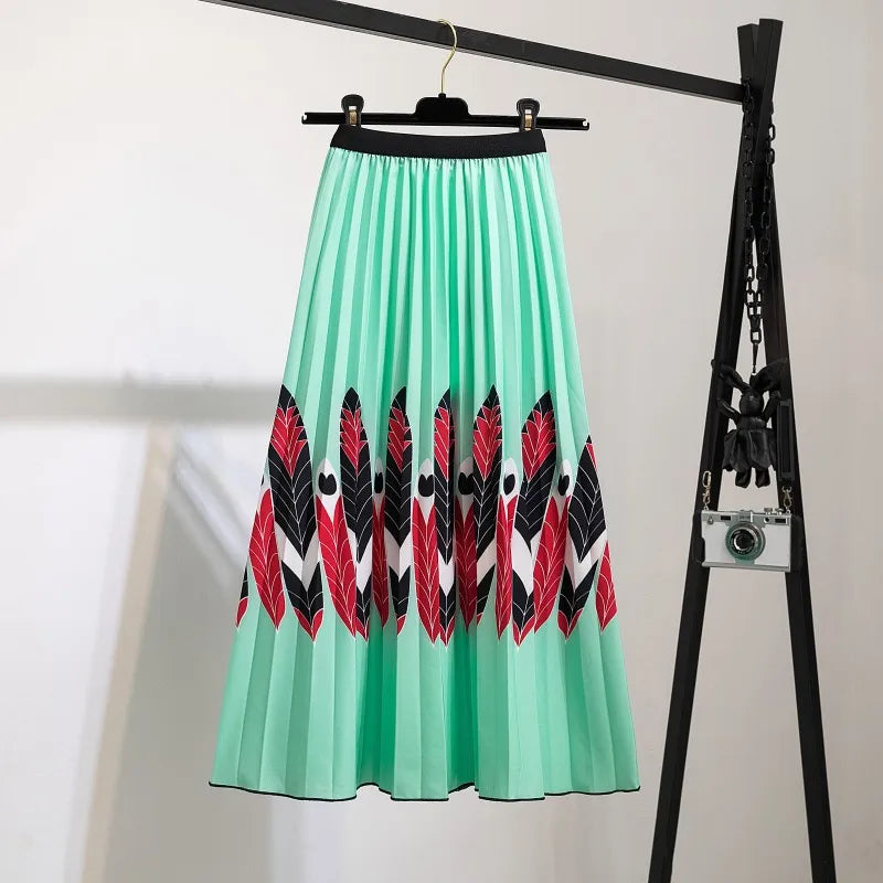 2023 Summer Women Cartoon Print Pleated Skirts A Line High Waisted Elastic Midi Long Skirt Ladies Party Korean Style Dresses