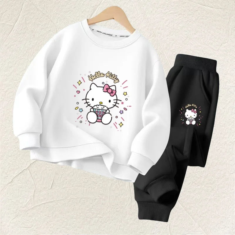Autumn Baby Girl Clothes Set, Children Senerio Hello Kitty Cartoon Print Sweatshirt and Pants.