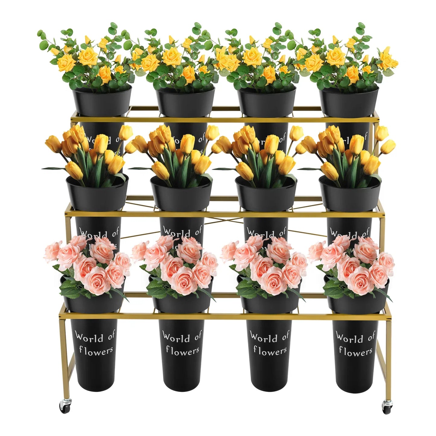 3 Layers Flower Display Stand with 12PCS Black Buckets,Metal Moving Plant Stand with Wheels, Garden Cart Display Flower Shelf