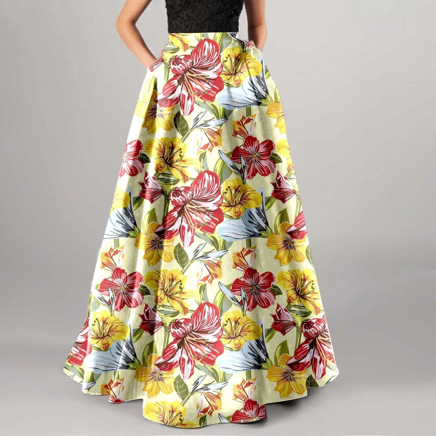 Bohemian Skirts For Women High Waisted Beach Maxi Skirt Wth Pockets Boho Floral Print Skirts Summer A Line Flowy Skirt 롱스커트
