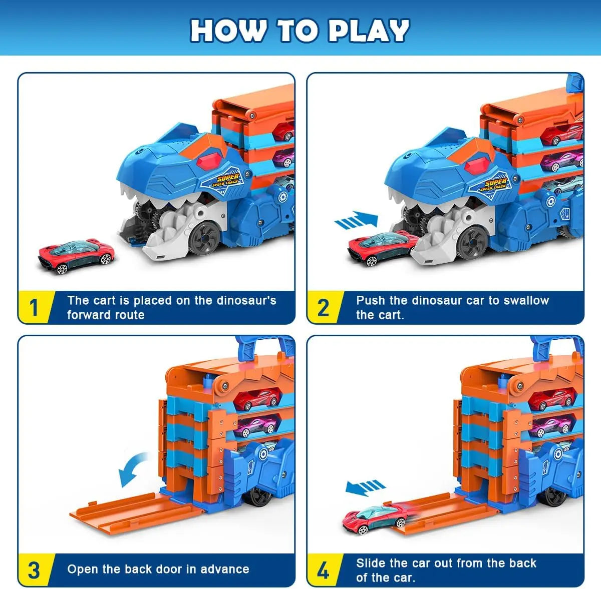 VATOS Dinosaur Transport Truck Car Toy 2 In 1 Ejection Folding Track Toy With Sound Portable 8 Race Cars Set for Kids Boys Gift