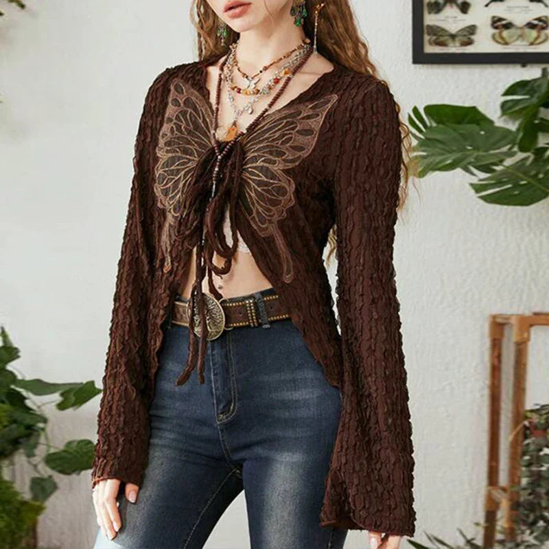Autumn Gothic Y2K T-shirts Women Streetwear Lolita Fashion Bufferfly Bandage V-Neck Long Sleeves Top Sexy Casual BasicLong Tops