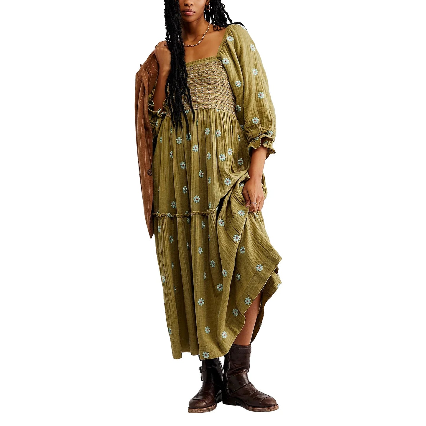 Casual Ladies Floral Print 3/4 Sleeve Loose Dress Summer Square Neck Long Dress Bohemian Women's A-Line Sundress 2023 Streetwear