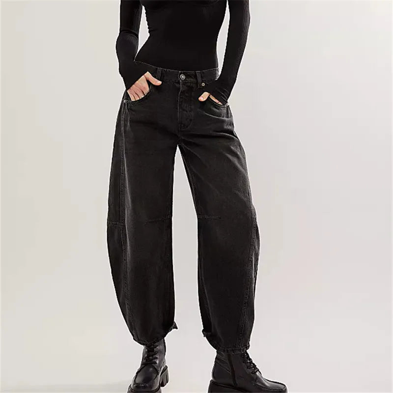 Barrel Jeans Women Casual Baggy Wide Leg Horseshoe Denim Pants Y2k Boyfriend Vintage Tapered Jeans Mid Rise Cropped Barrel Pant