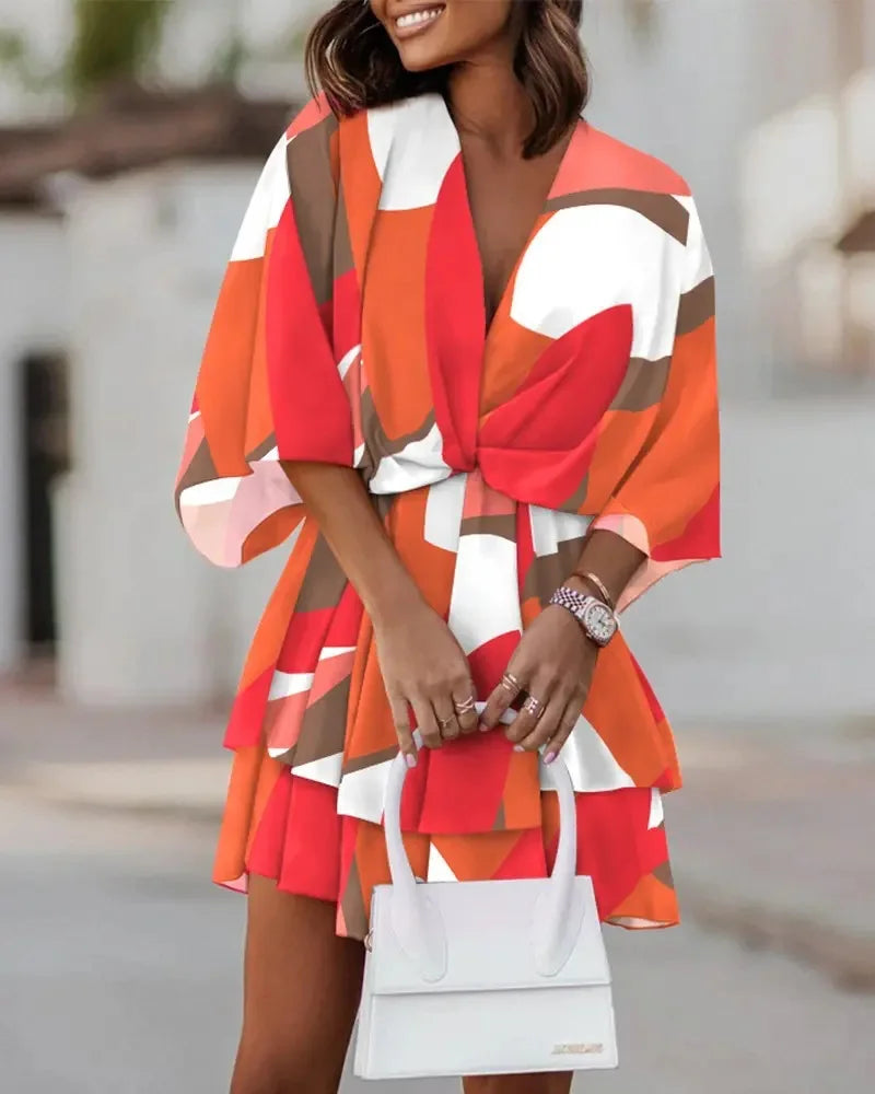 2024 Women's Cross border with Batted Sleeves Fashionable Printed Dress
