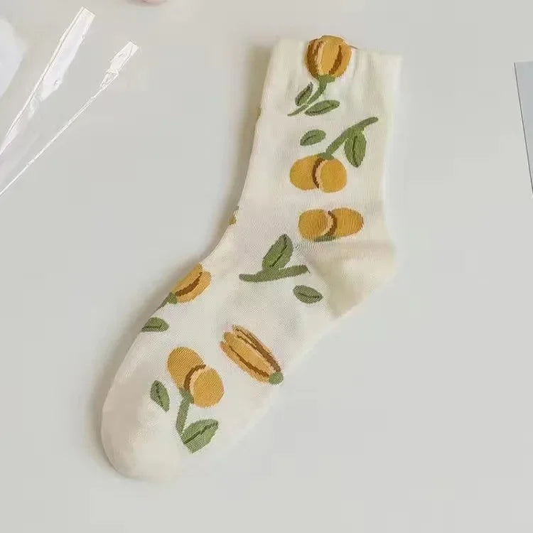 New Style Crew Socks for Women Spring Fashion Cute Flower Long Cotton Socks Japanese Style Breathable Casual Trendy Absorb Sweat