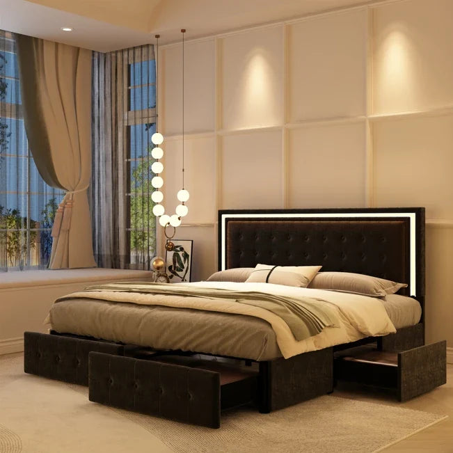 Queen LED Bed Frame 4 Storage Drawers, Headboard, No Box Spring Needed