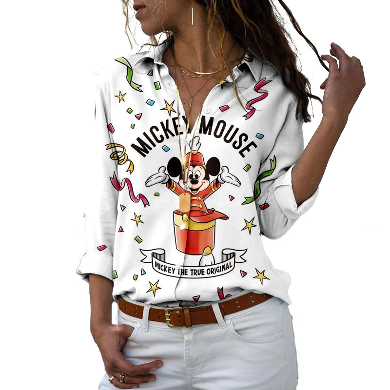 New 2024 Disney Harajuku Slim Fit 3D Print Women's Button Up Long Sleeve Lapel Mickey Minnie Casual Cute Shirt y2k