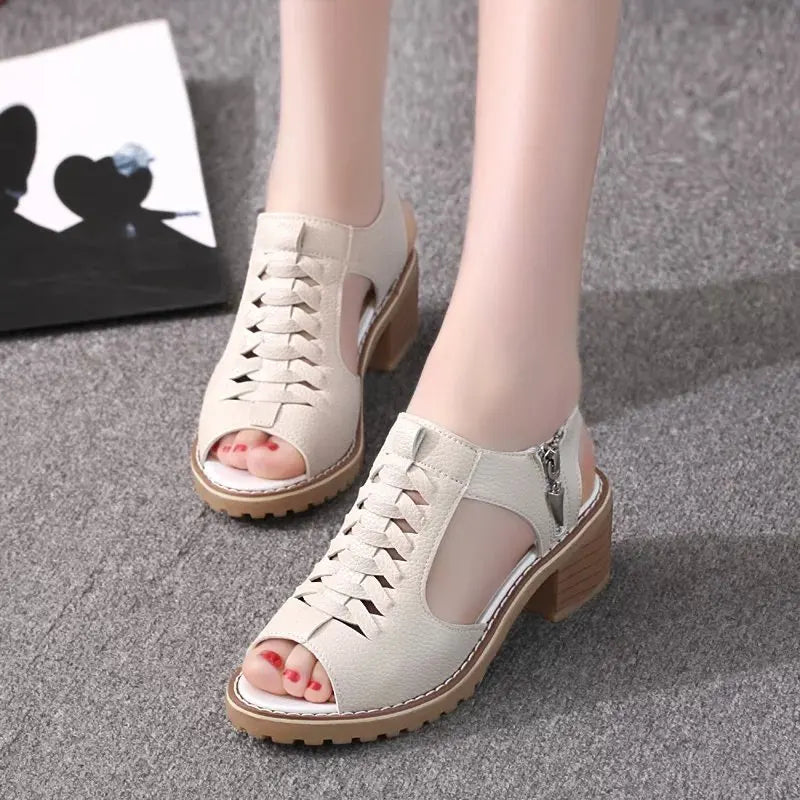 Comemore 2021 New Women's Square Heel Summer Shoes Leather Zip Gladiator Sandals Medium Heel Zip Platform Sandals High Heels 43