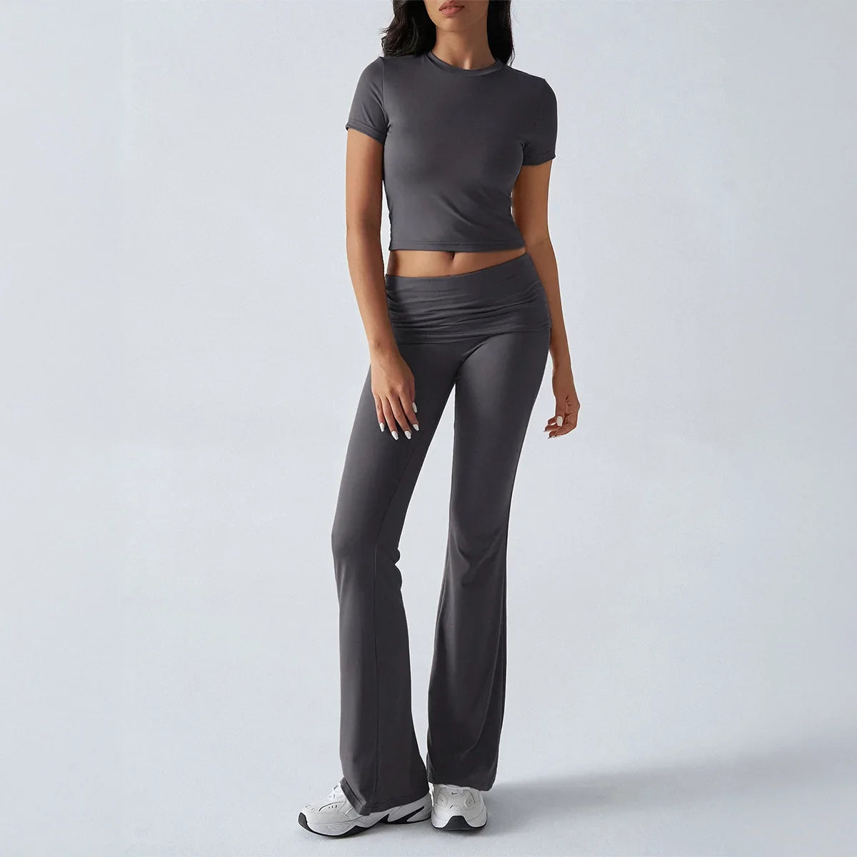 Women Casual Bodycon Two Pieces Set Short Sleeve Crop Top Slim High Waist Running Tracksuit Suit Summer Pants Outfit 2PCS