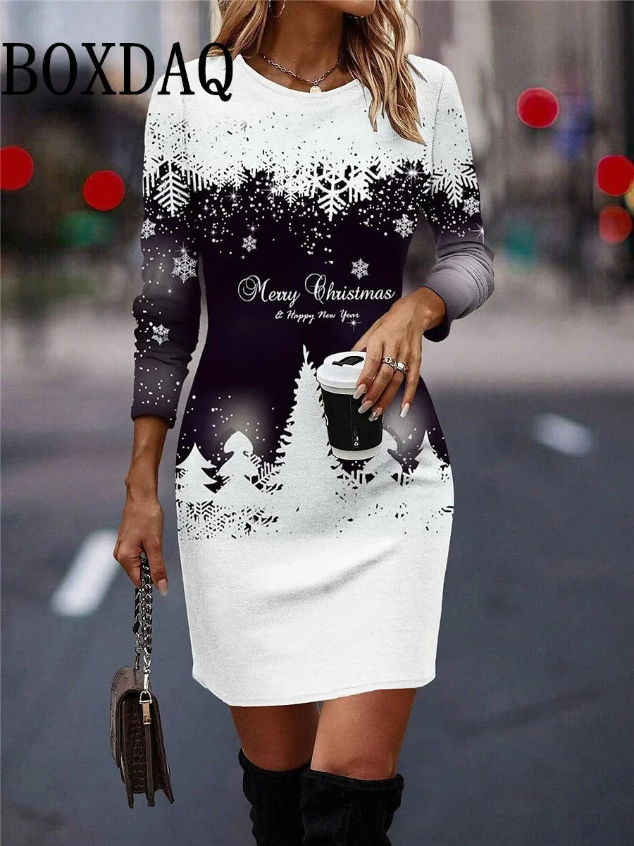 Round Neck Long-Sleeved Women's Party Dress Christmas Tree Snowflake Print A-Line Dress Winter Fashion Casual Loose Mini Dresses
