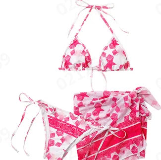 Female Bathing Suit Women'S 3 Piece Ink Wash Tie Dye Bikini Set With Sheer Sunscreen Poncho Swimsuit 2024 Summer Beach Wear