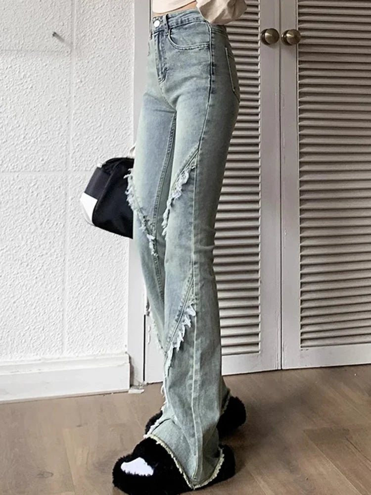 2024 Woman Korean High Waist Narrow Jeans Lady High Street Slim Fit Denim Flare Pants Female Blue Fashion Bell Bottom Trousers