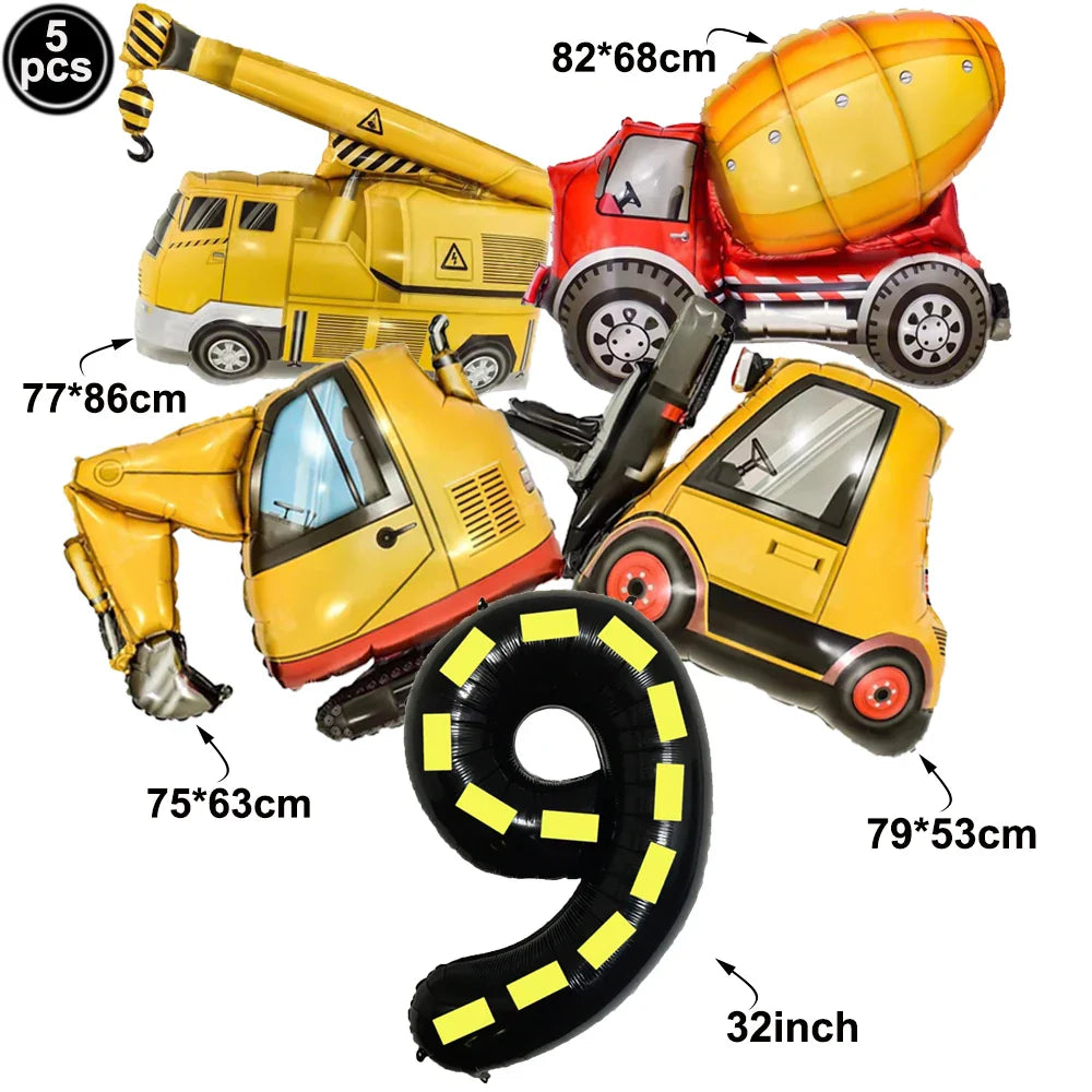 5pcs Construction Themed Balloon Carton Vehicle Balloon Excavator Forklift Crane Balloons for Boy's Construction Birthday Party
