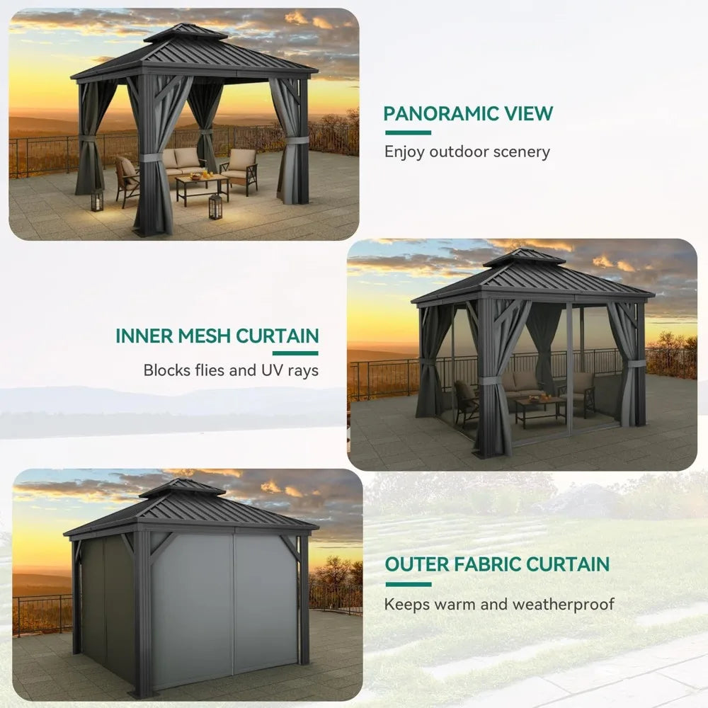 10x10ft Hardtop Gazebo, Nettings and Curtains, Heavy Duty Double Roof Galvanized Steel Outdoor Combined of Vertical Stripes Roof