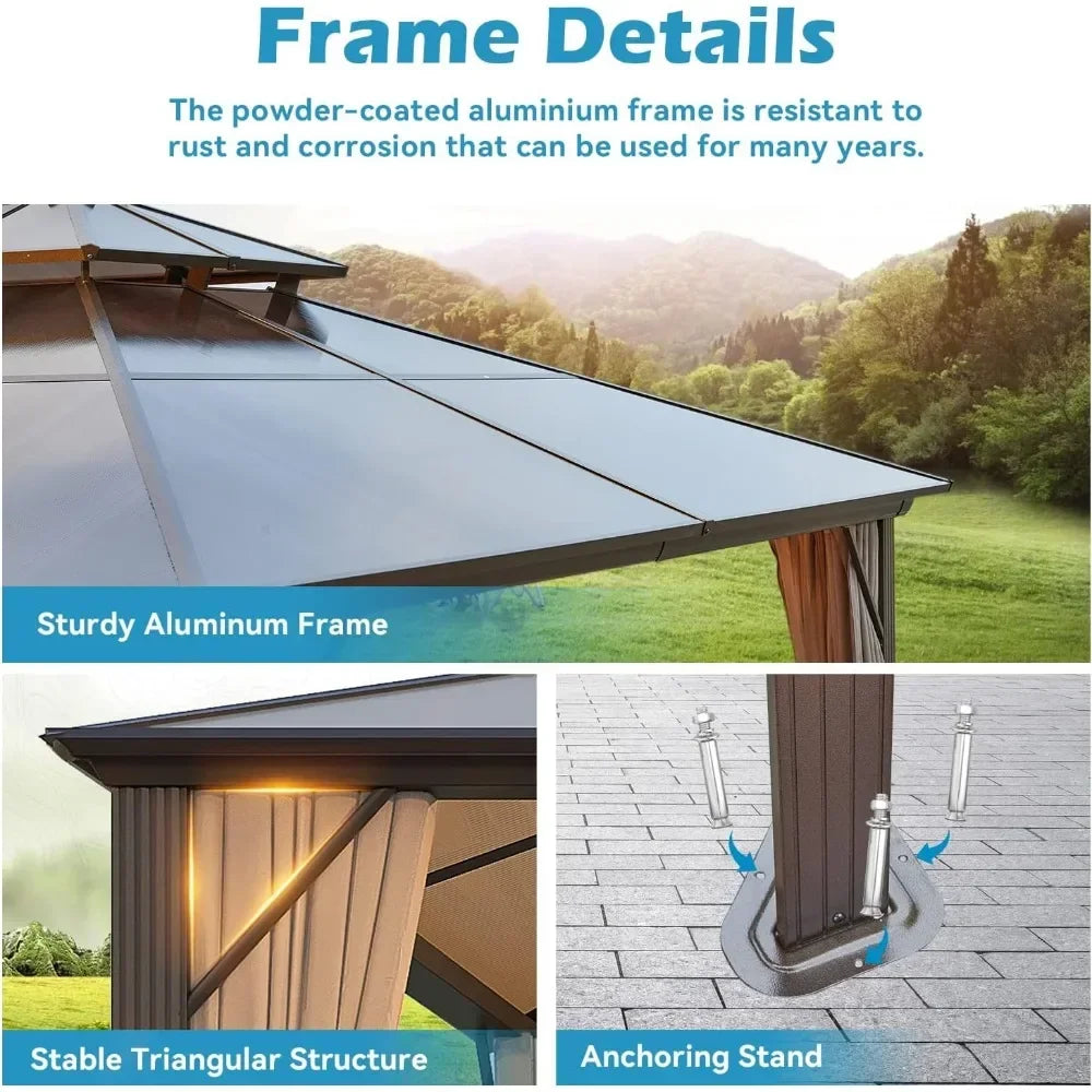 Polycarbonate Double Roof Pavilion Pergola Canopy with Privacy Curtains and Aluminum Frame, 10' X 13' Hardtop Permanent Gazebo