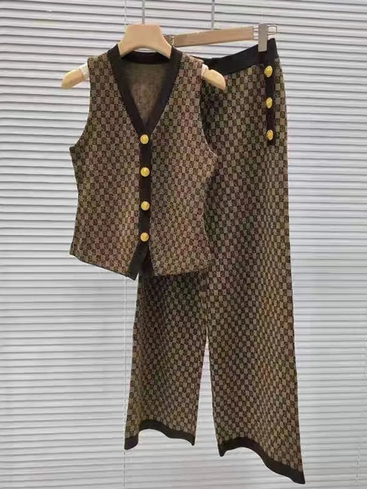 New French Style Women Pant Suit Jacquard Knit Top + Vest + Long Pant Three Piece High Quality Elegant Casual Chic Sweater Sets