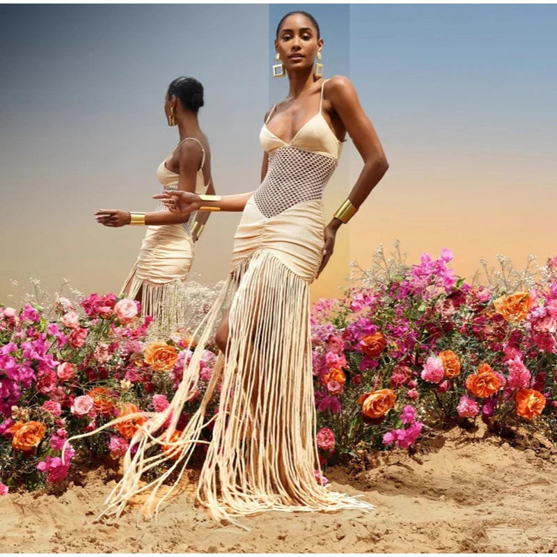 Hollow Out See-through Long Dress Women Holiday Tassels High Waist Sleeveless Strap Dresses Female Backless Evening Club  Robe