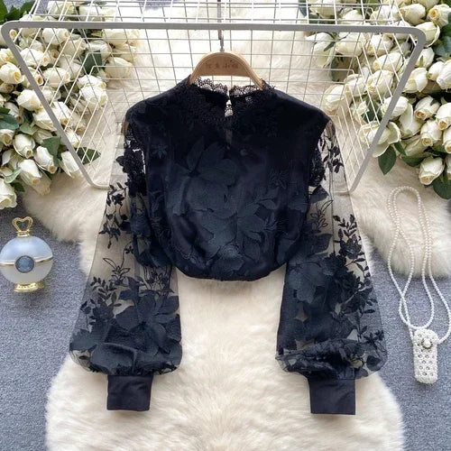 Vintage Blouse for Women Hollow Lace Sheer Long Lantern Sleeve Stand Collar Skinny Blouses Versatile Female Tops Dropshipping