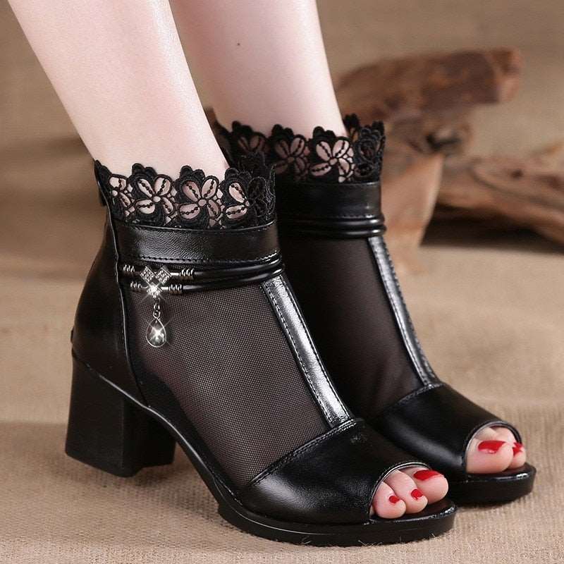 Summer New Fish Mouth Sandals Open Toe Mesh Zipper Thick High Heels Sexy Party Rhinestone Leather Women Boots Plus Size 40