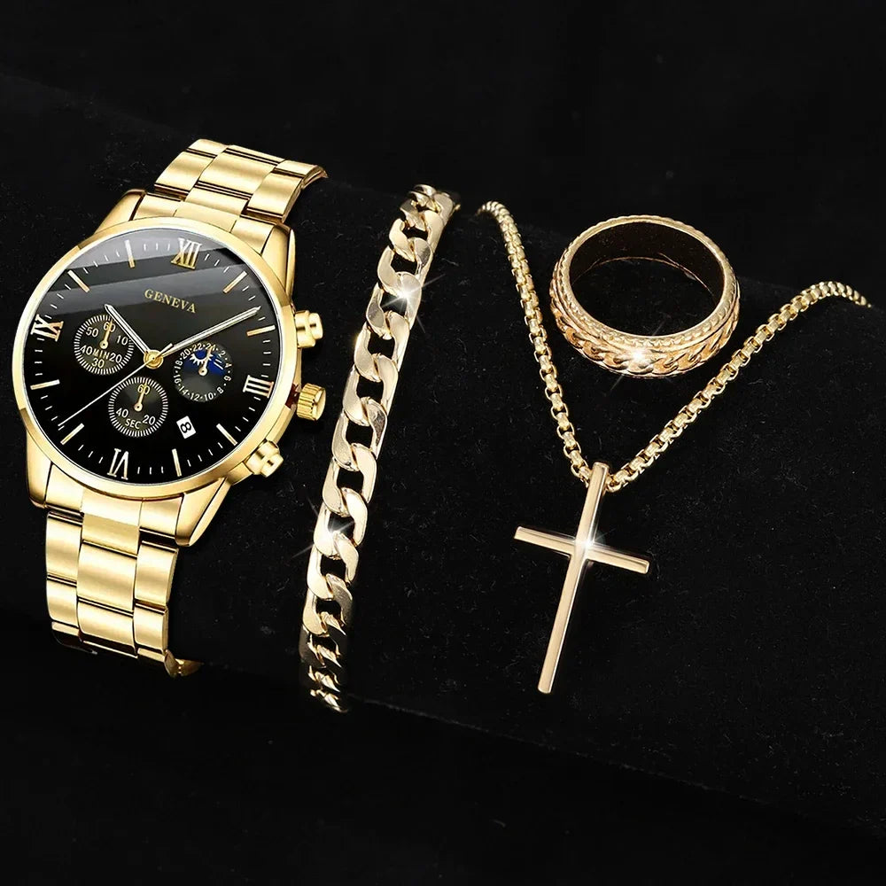 4PCS Men's Watch Set Quartz, Cross Pendant Necklace, Ring, Bracelet Set Perfect Gift for Him!!