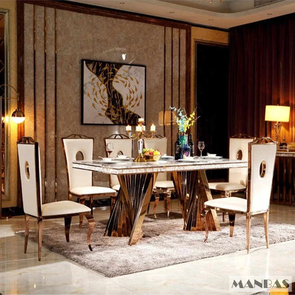 Luxury Dining Set: 6 Stainless Steel Genuine Leather, Rectangle Marble  Table