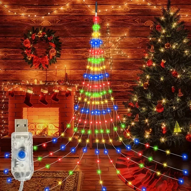 2024 180LED Christmas Decoration Lights 8 Modes String Lights Waterfall Xmas Tree Fairy Lights for Garden Patio New Year Decor