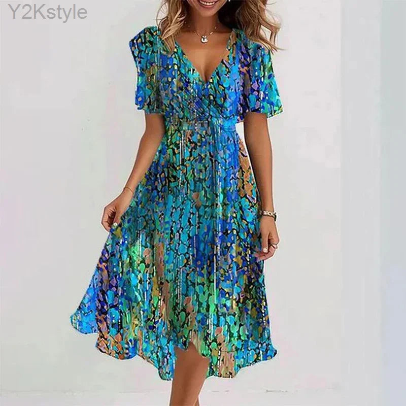 Elegant Sexy V Neck Floral Chiffon Mini Skirt Ladie Summer High-waisted Short Sleeve A-Line Bohemian Dress Evening Dress
