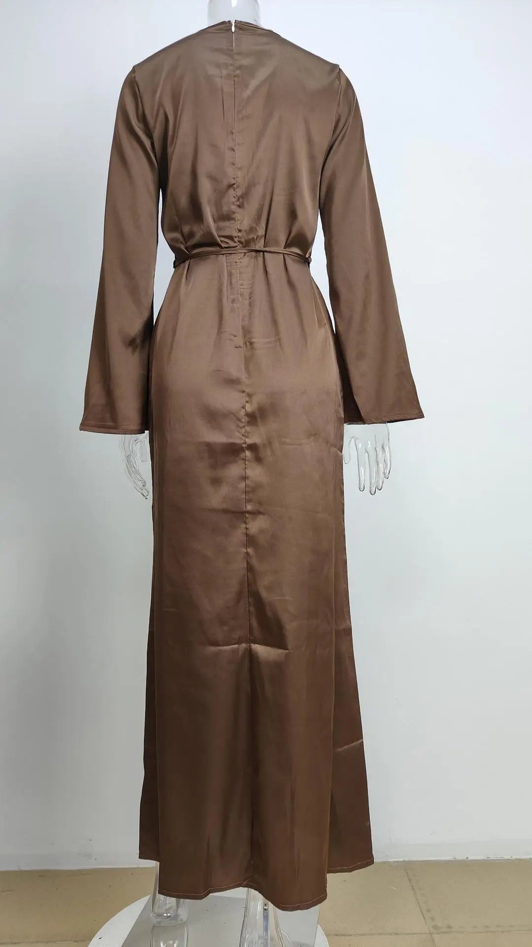 Women‘s Maxi Dress 2025 New Silk Long Round Neck Satin Flare Sleeve Lace Up Slim Skirt Evening Party Dresses Sexy Chic Robes