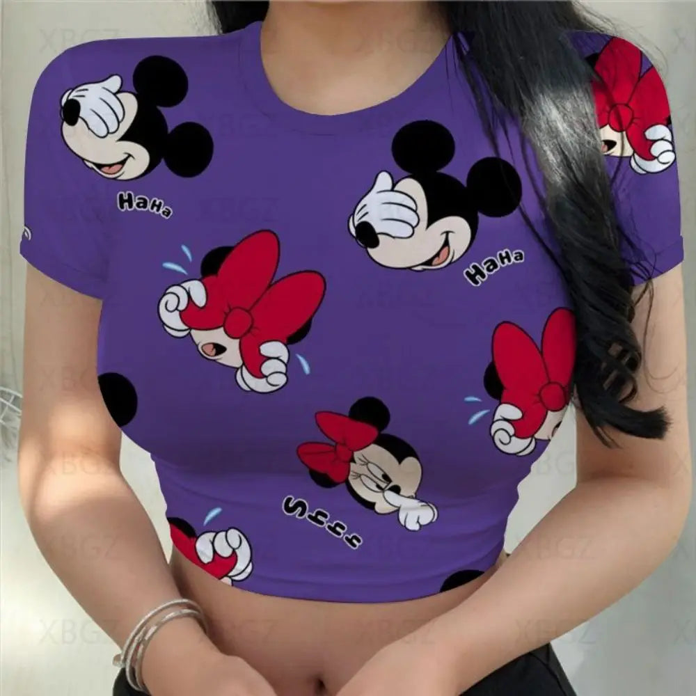 T-shirts Slim Fit Y2k Print Woman Clothes Cartoon Fashion Blouses 2024 Sexy Women's T-shirt Mickey Crop Top Minnie Mouse Disney